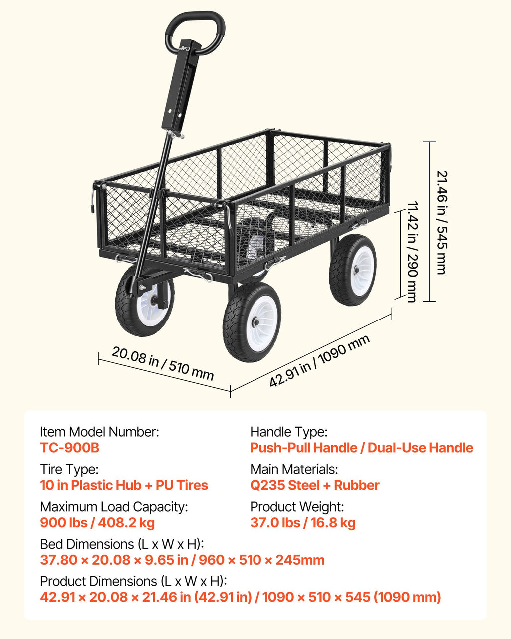 Sodo vežimėlis VEVOR TC-900B, 408,2 kg keliamoji galia