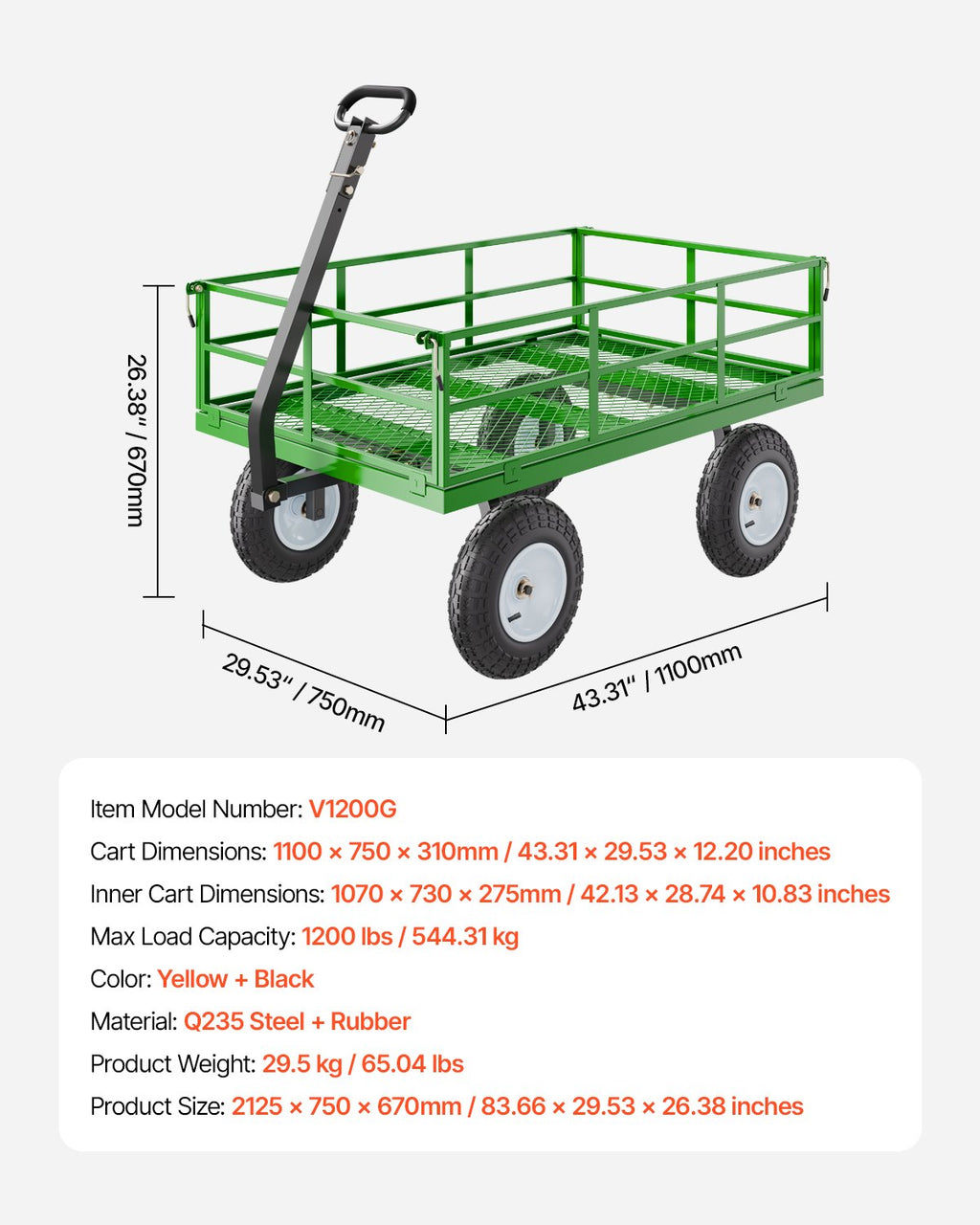 Sodo vežimėlis VEVOR V1200G, 544 kg keliamoji galia