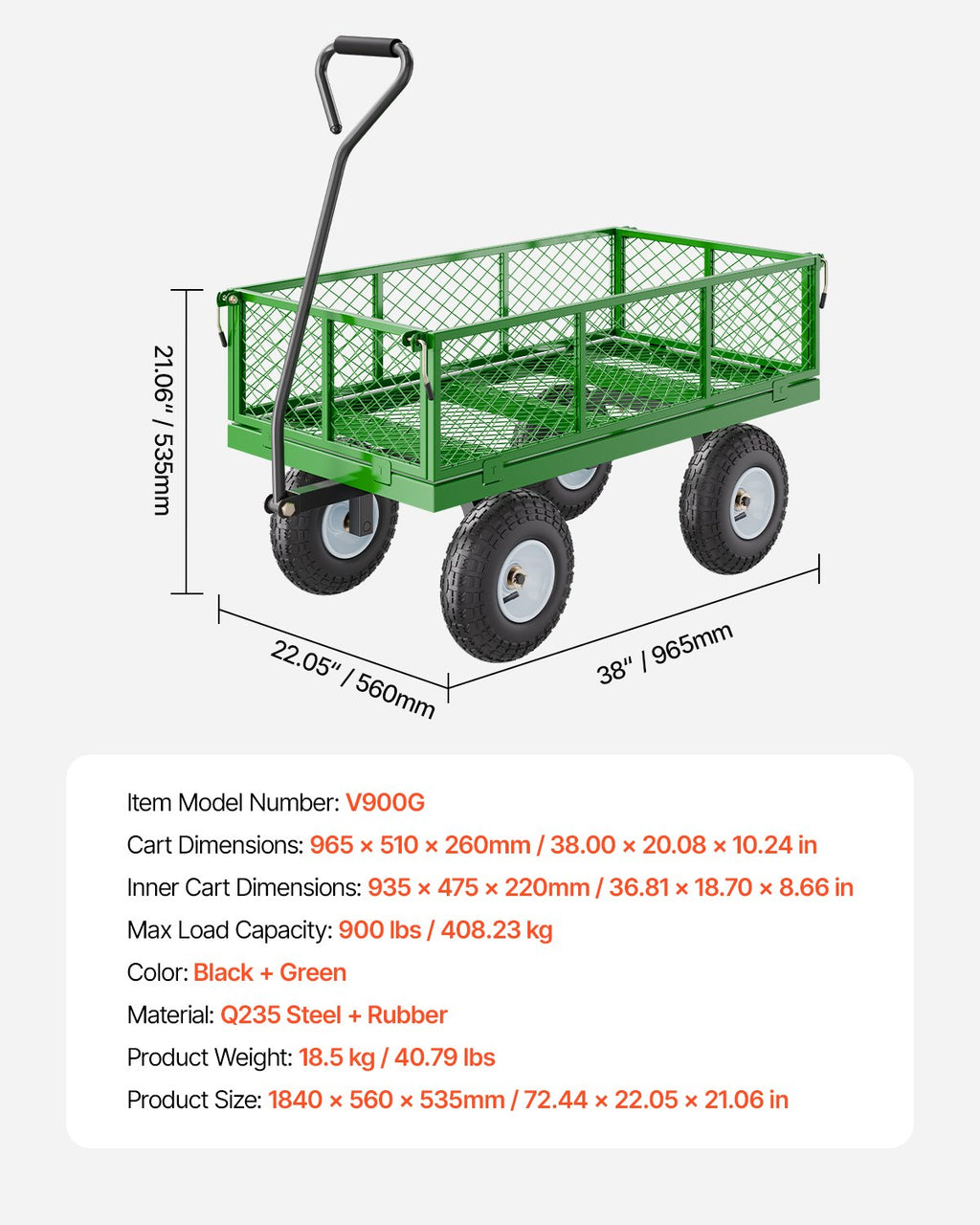 Sodo vežimėlis VEVOR V900G, 408 kg keliamoji galia