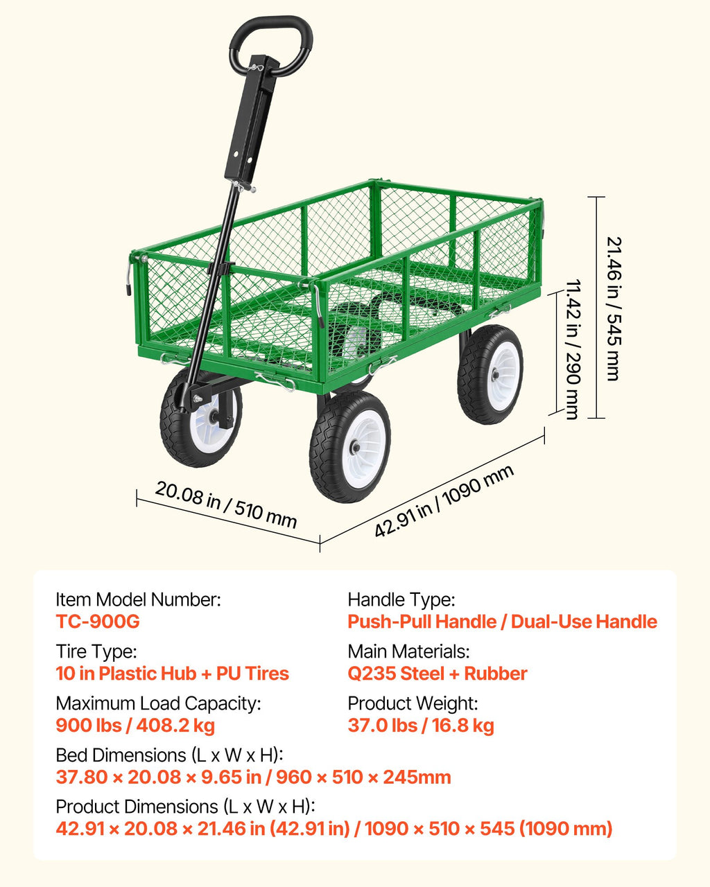 Sodo vežimėlis VEVOR TC-900G, 408,2 kg keliamoji galia