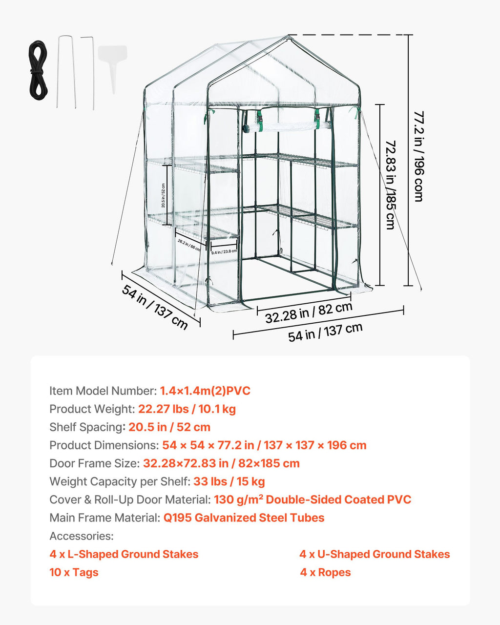 Įeinamas šiltnamis VEVOR 1.4x1.4m(2)PVC, 137 x 137 x 196 cm