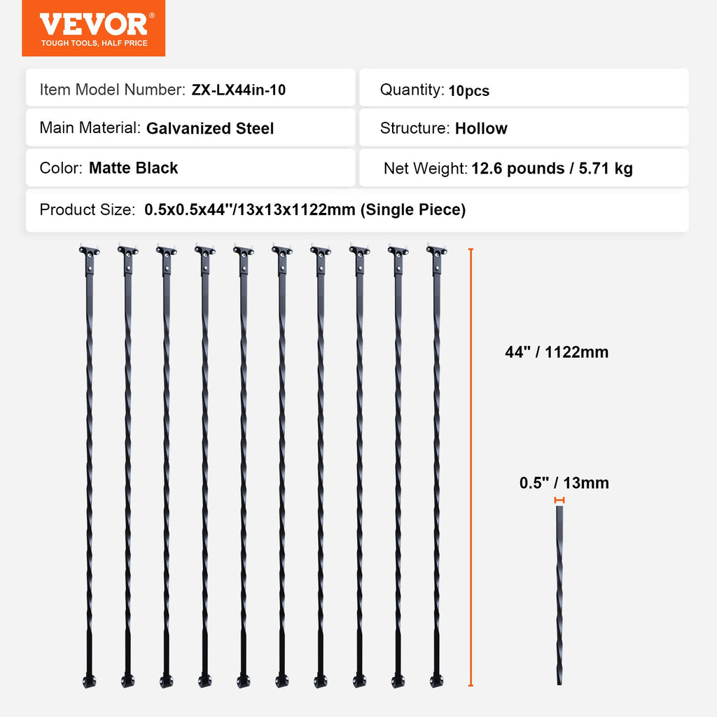 Metaliniai laiptų turėklų strypai VEVOR ZX-LX44in-10, 112 cm ilgio, 10 vnt.