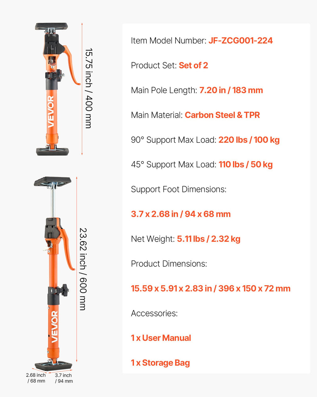 Teleskopinė atrama VEVOR JF-ZCG001-224, 40–60 cm