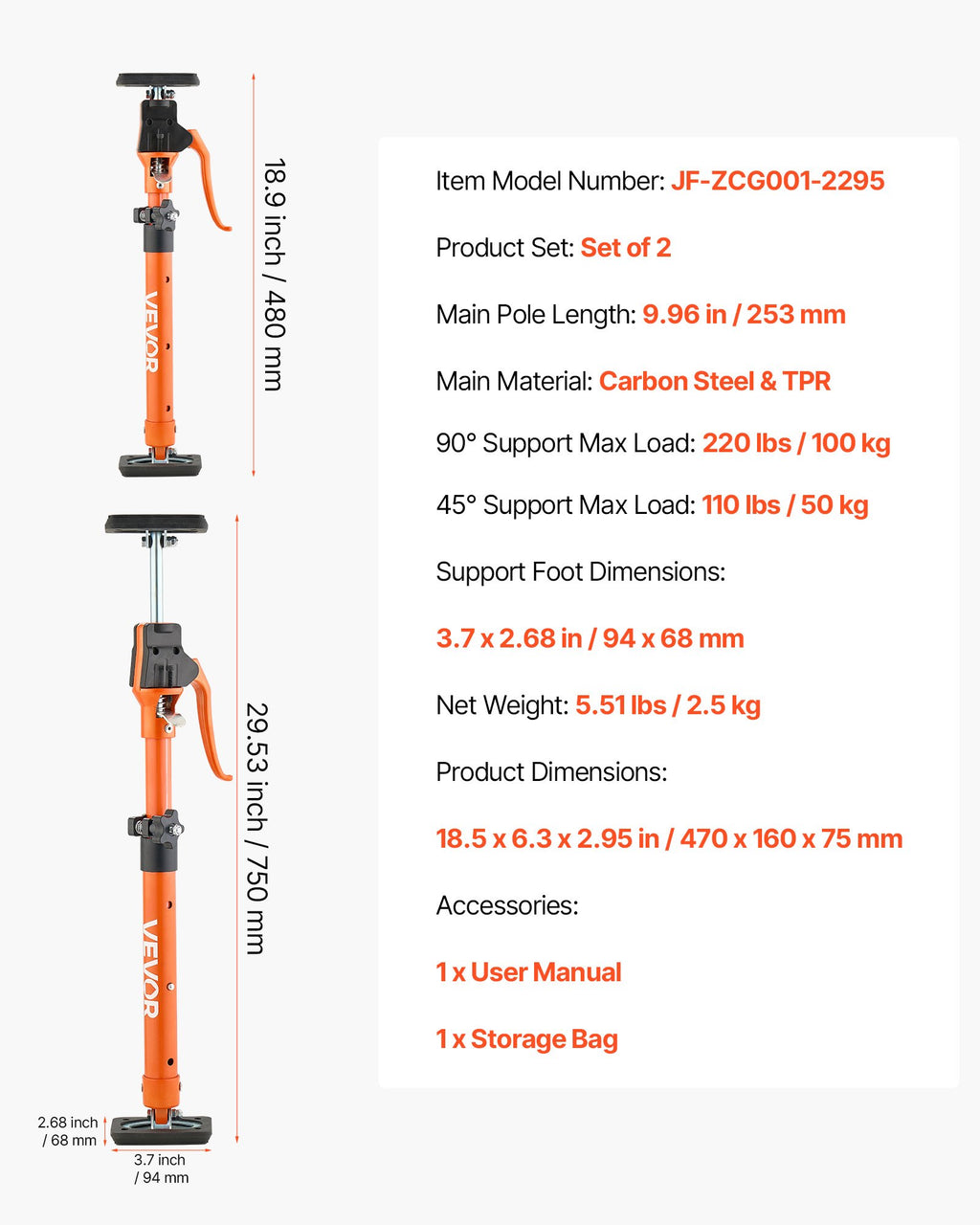 Teleskopinės atramos spintelėms VEVOR JF-ZCG001-2295, 48–75 cm, 2 vnt.