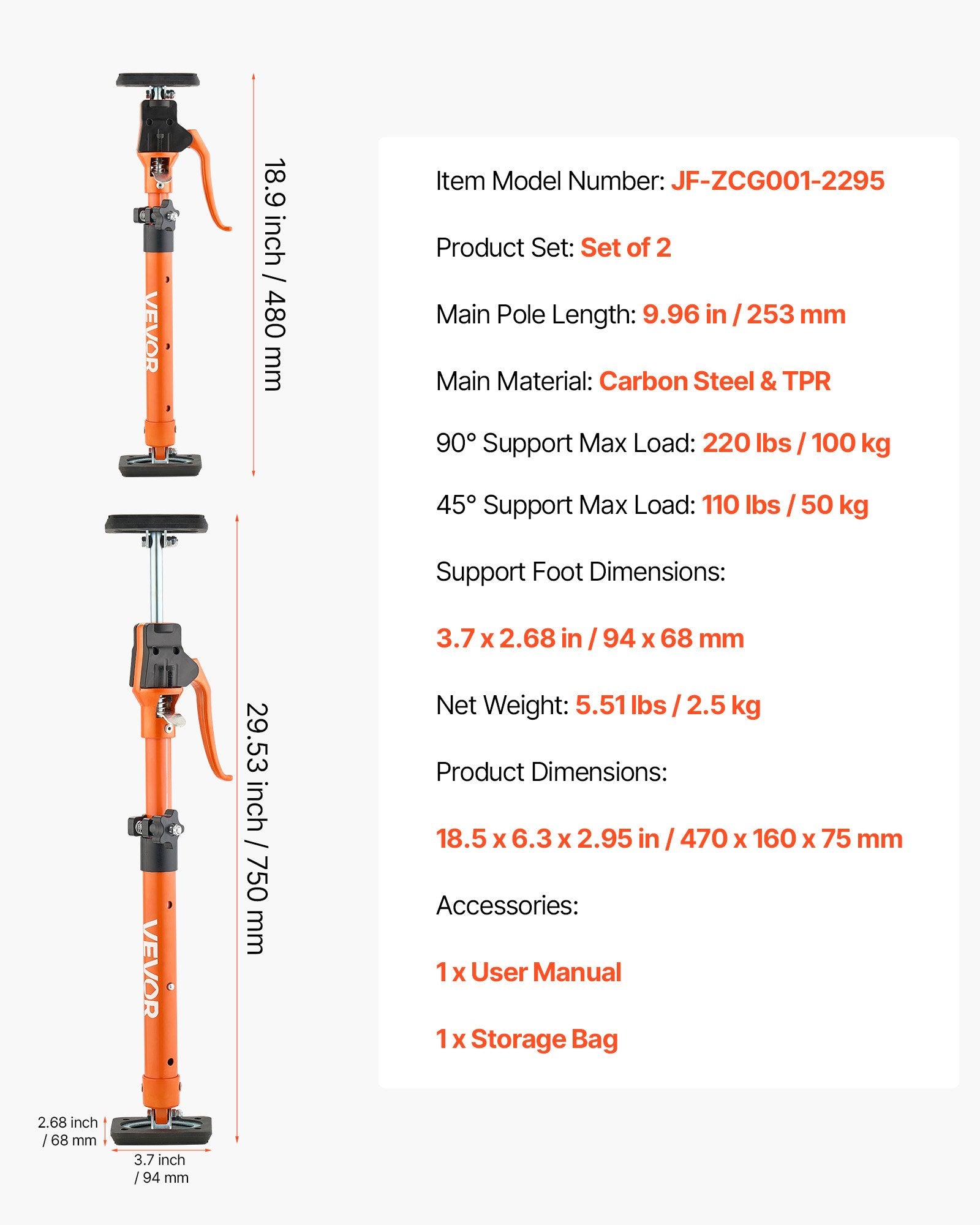 Teleskopinės atramos spintelėms VEVOR JF-ZCG001-2295, 48–75 cm, 2 vnt.