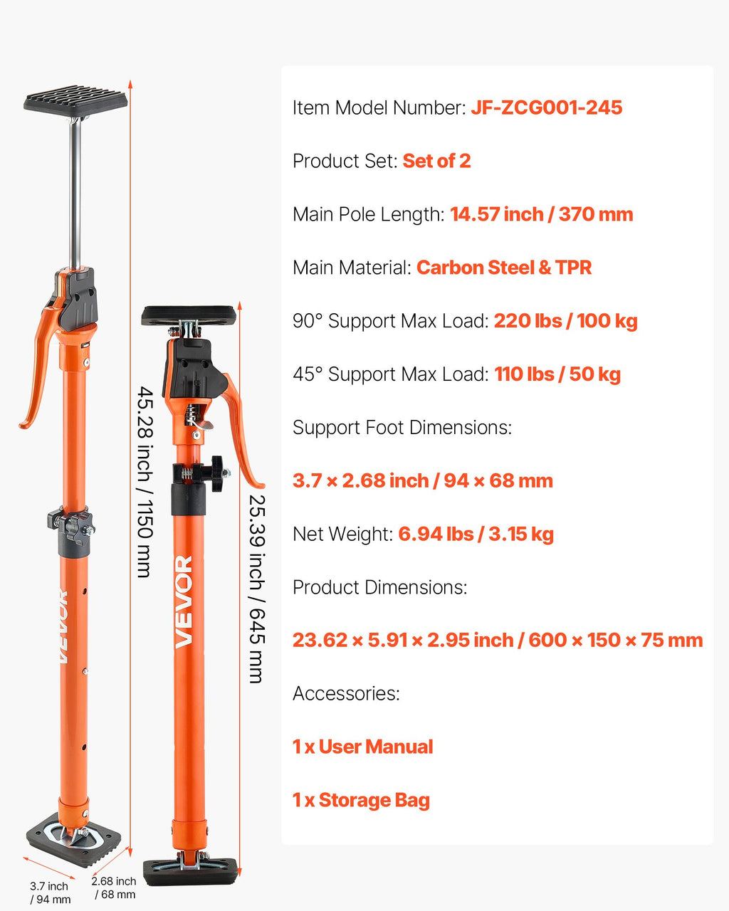 Teleskopinis atraminis strypas VEVOR JF-ZCG001-245, 64,5–115 cm