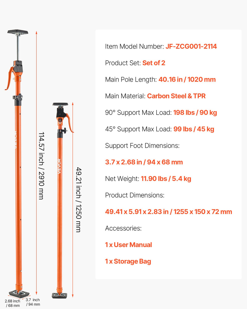Teleskopinis atraminis strypas VEVOR JF-ZCG001-2114, 125-291 cm