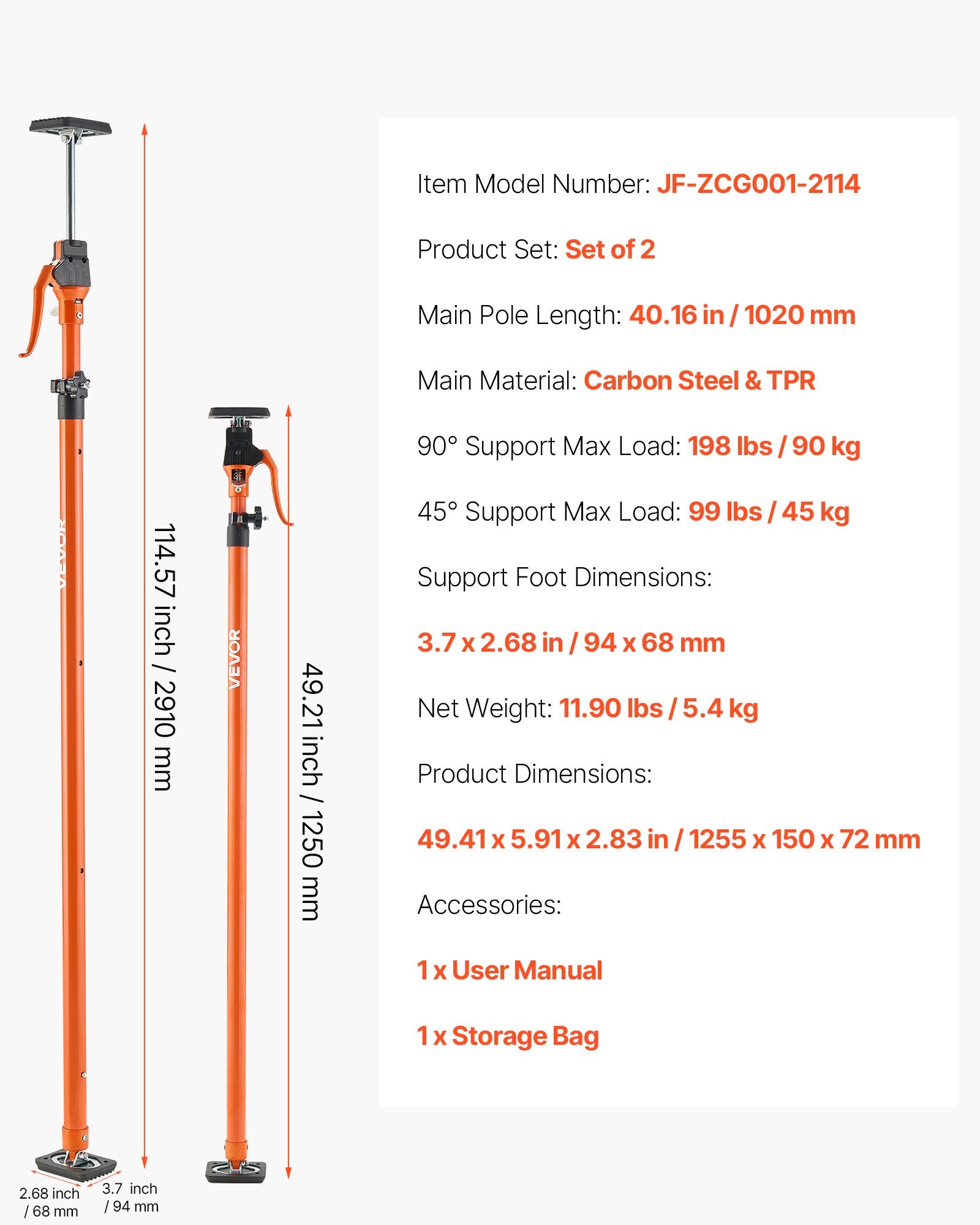 Teleskopinis atraminis strypas VEVOR JF-ZCG001-2114, 125-291 cm