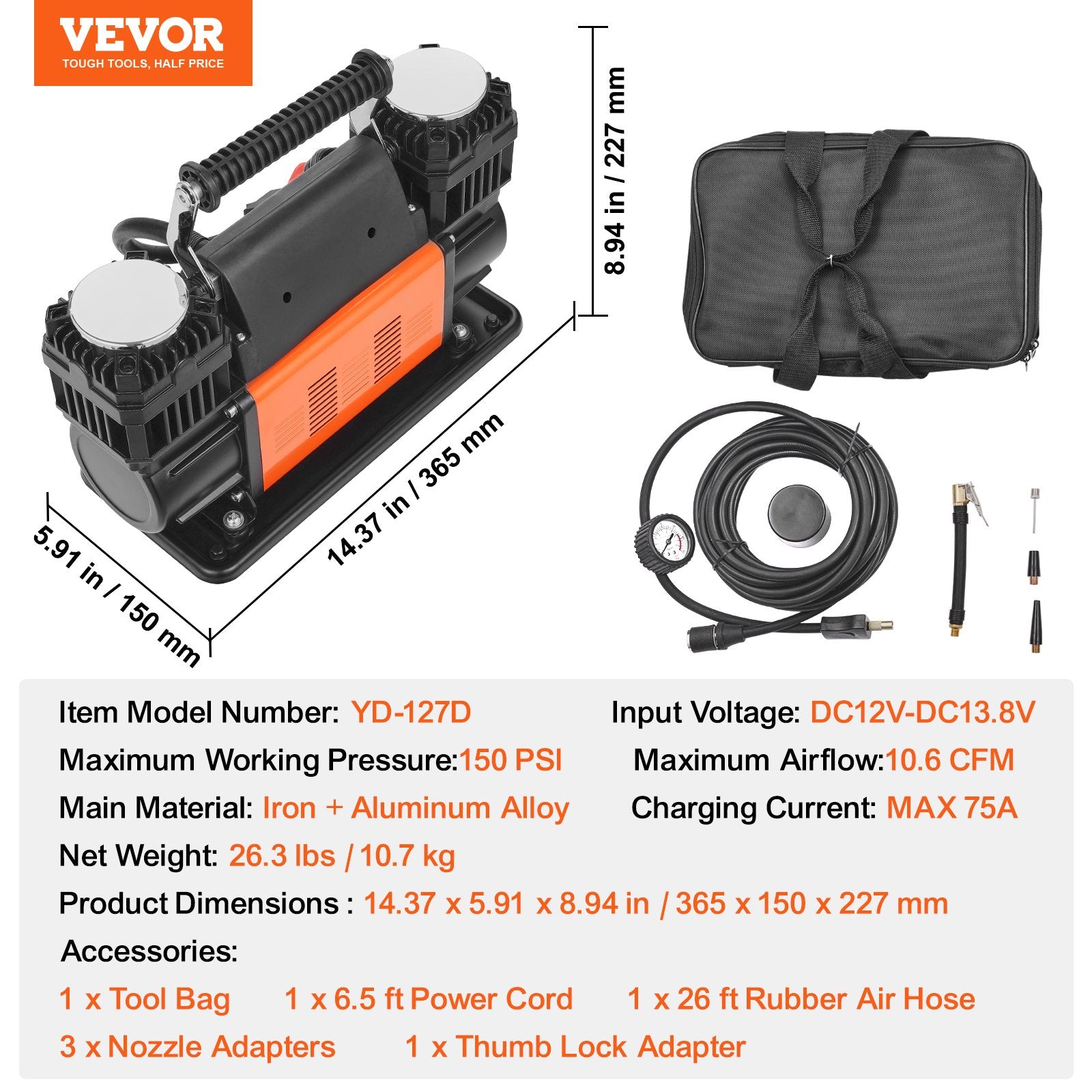 Nešiojamas oro kompresorius VEVOR YD-127D, 10.6 CFM