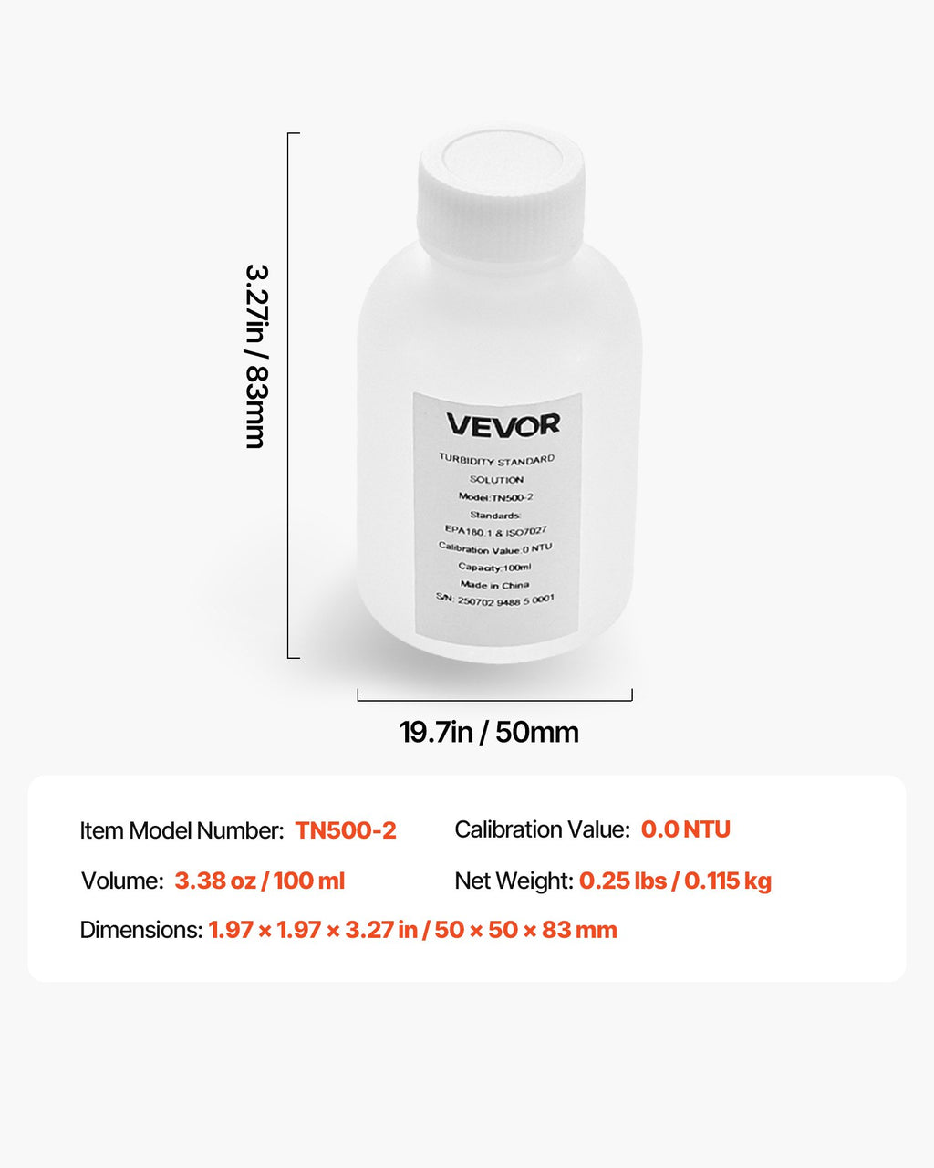 Drumstumo matuoklio kalibravimo tirpalas VEVOR TN500-2, 0 NTU, 100 ml