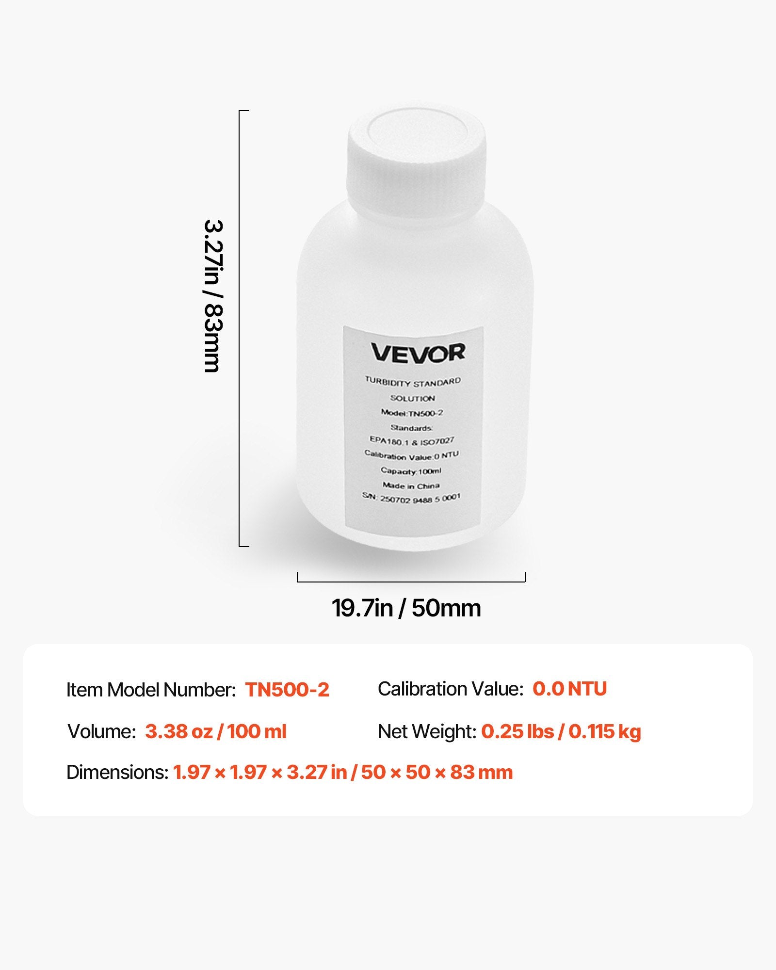Drumstumo matuoklio kalibravimo tirpalas VEVOR TN500-2, 0 NTU, 100 ml