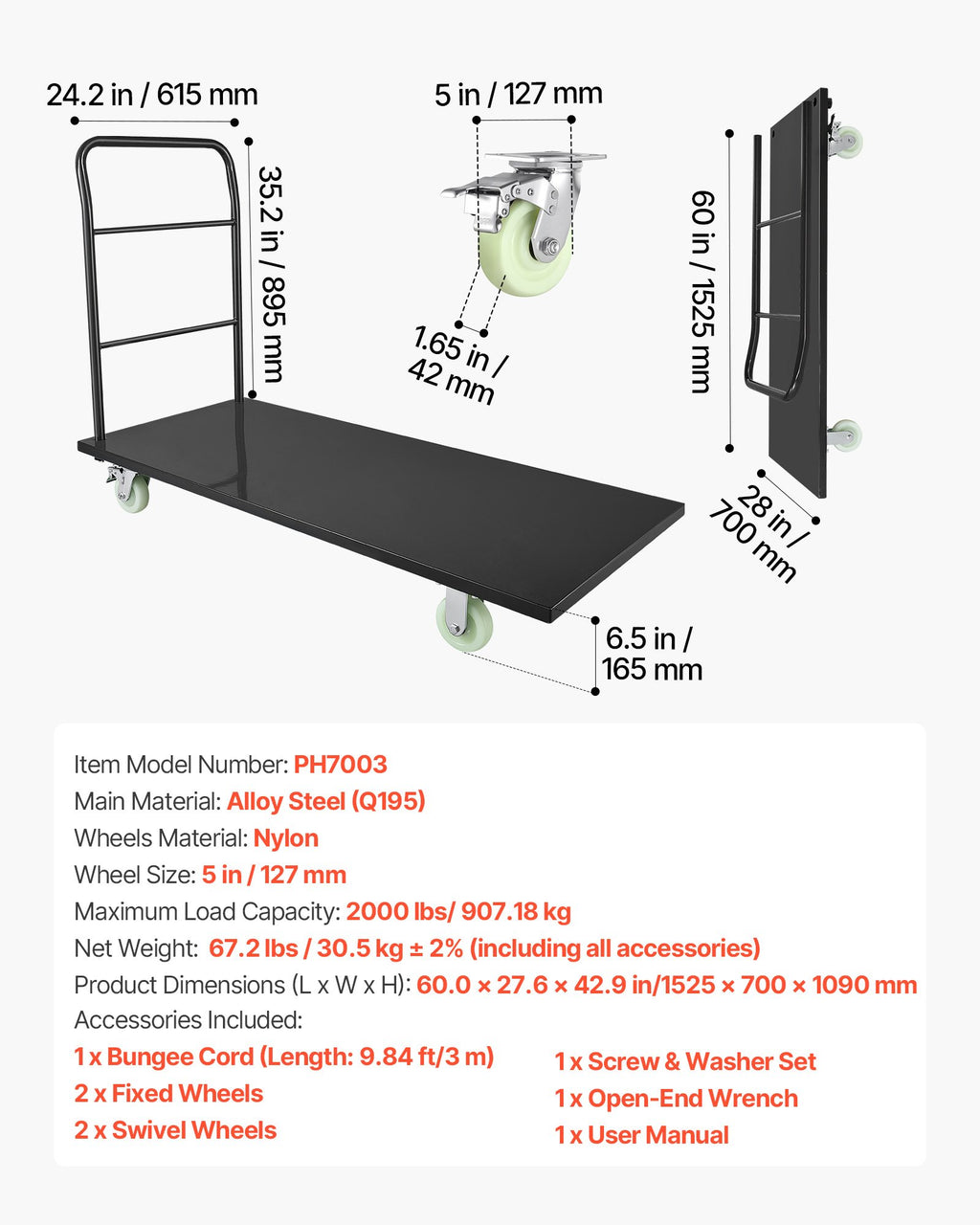 Platforminis vežimėlis VEVOR PH7003, 907 kg keliamoji galia