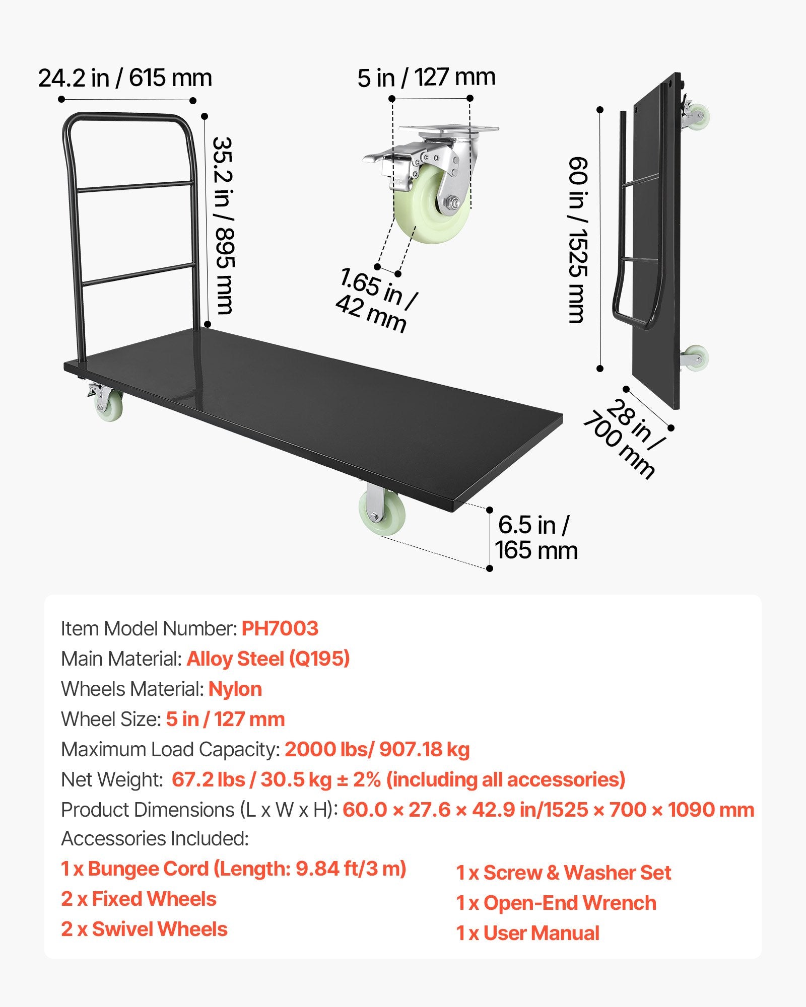 Platforminis vežimėlis VEVOR PH7003, 907 kg keliamoji galia