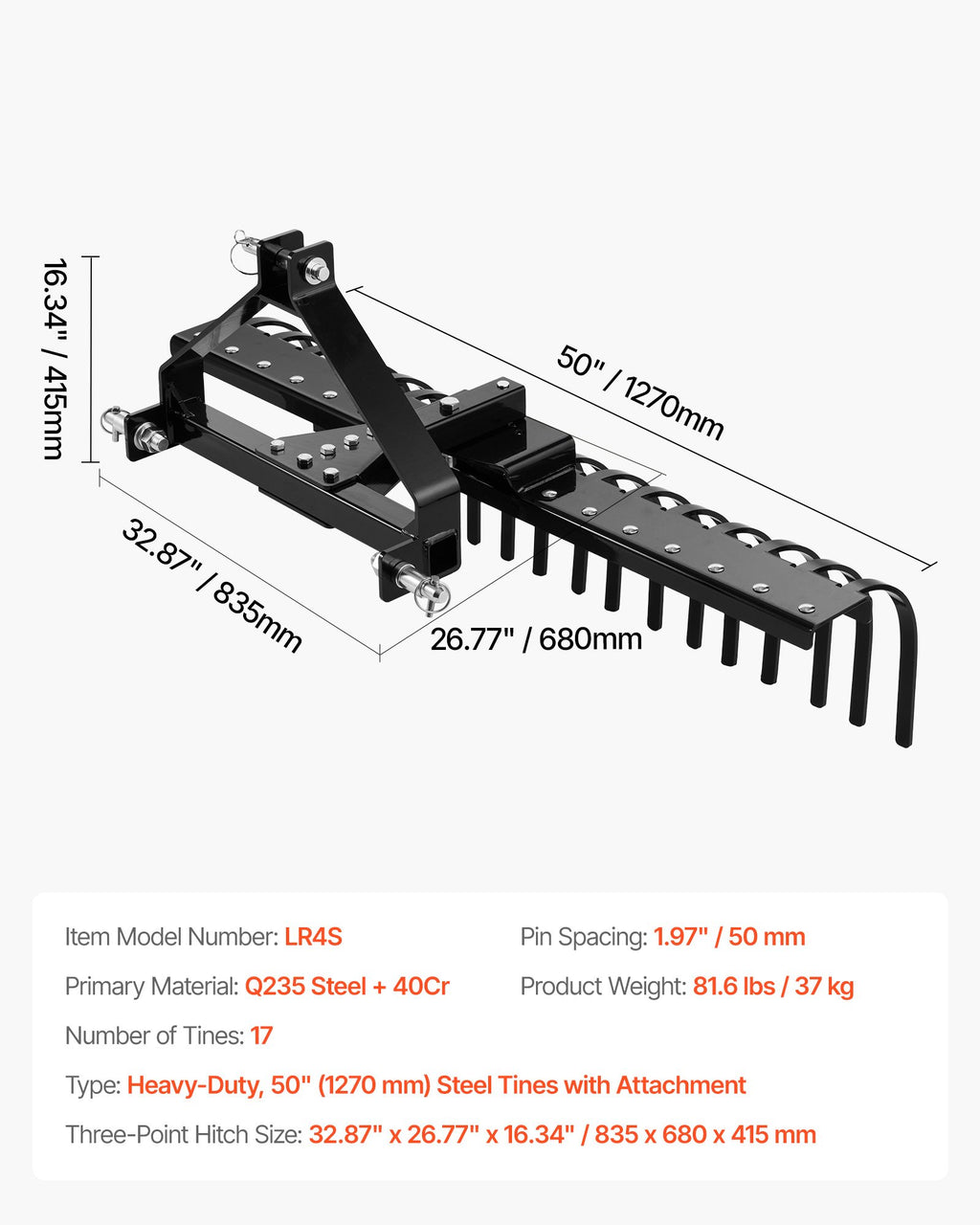 Kraštovaizdžio grėblys VEVOR LR4S, 127 cm