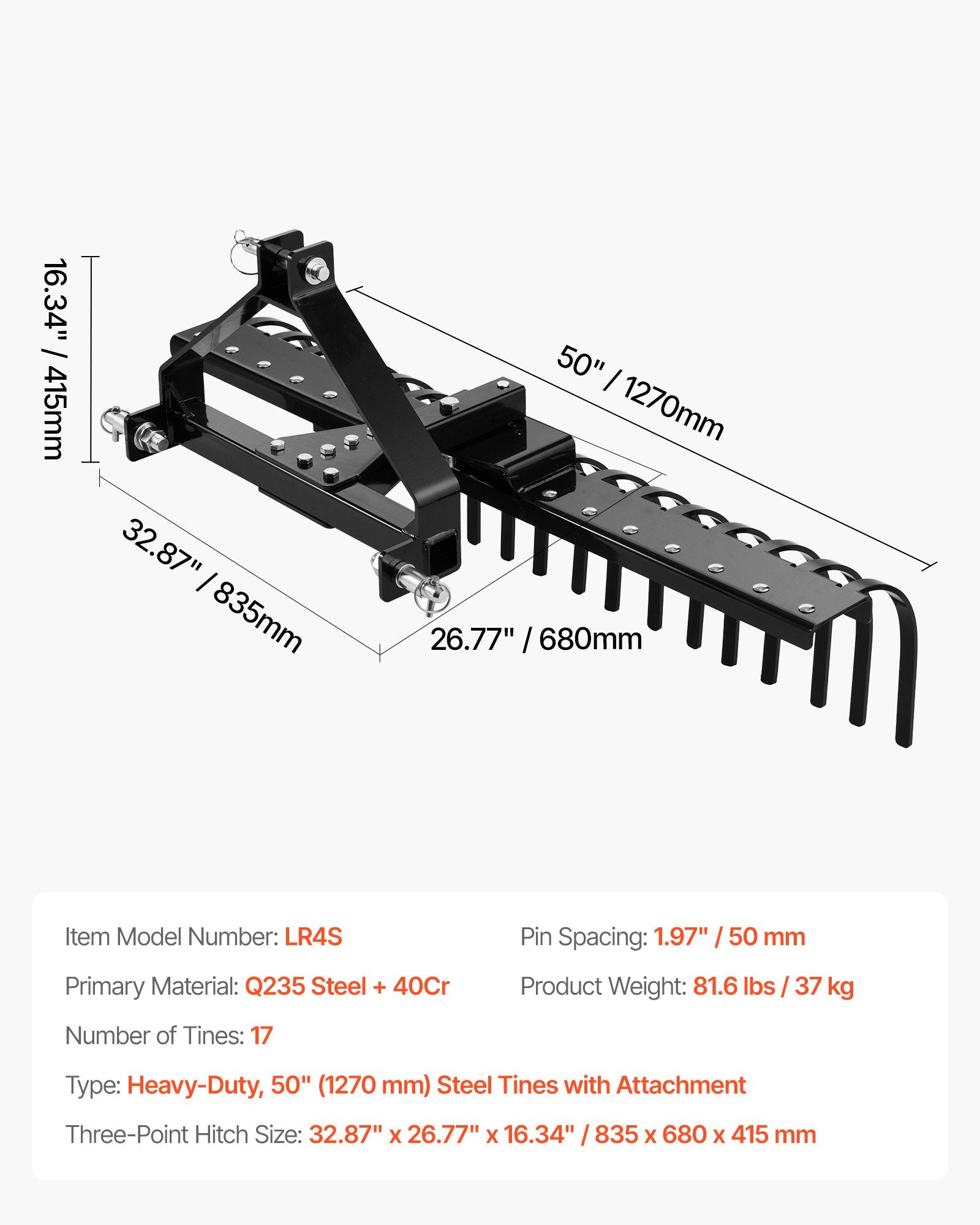 Kraštovaizdžio grėblys VEVOR LR4S, 127 cm