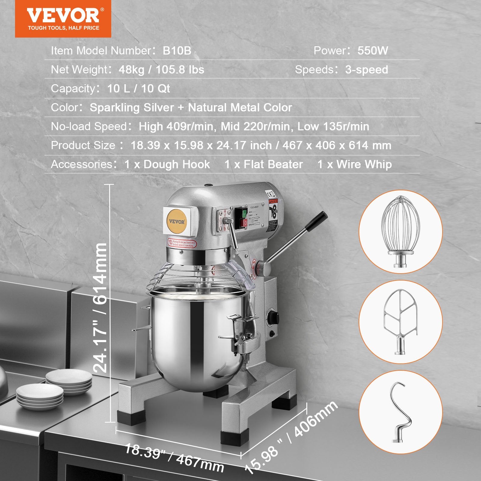 Profesionalus maisto mikseris VEVOR B10B, 10 l