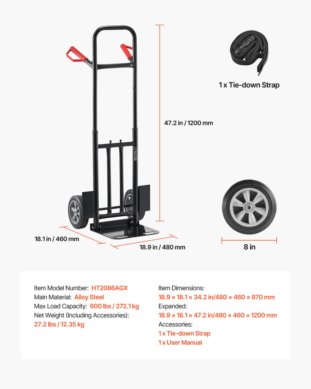 Rankinis vežimėlis VEVOR HT2086AGX, 272 kg keliamoji galia