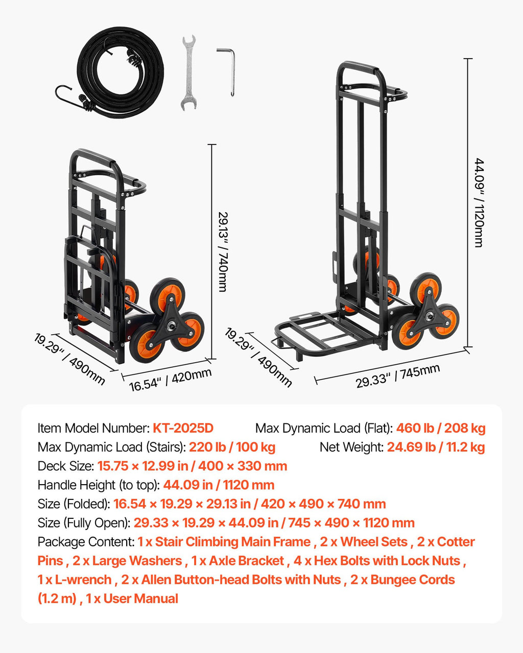 Vežimėlis laiptams VEVOR KT-2025D, 100 kg keliamoji galia