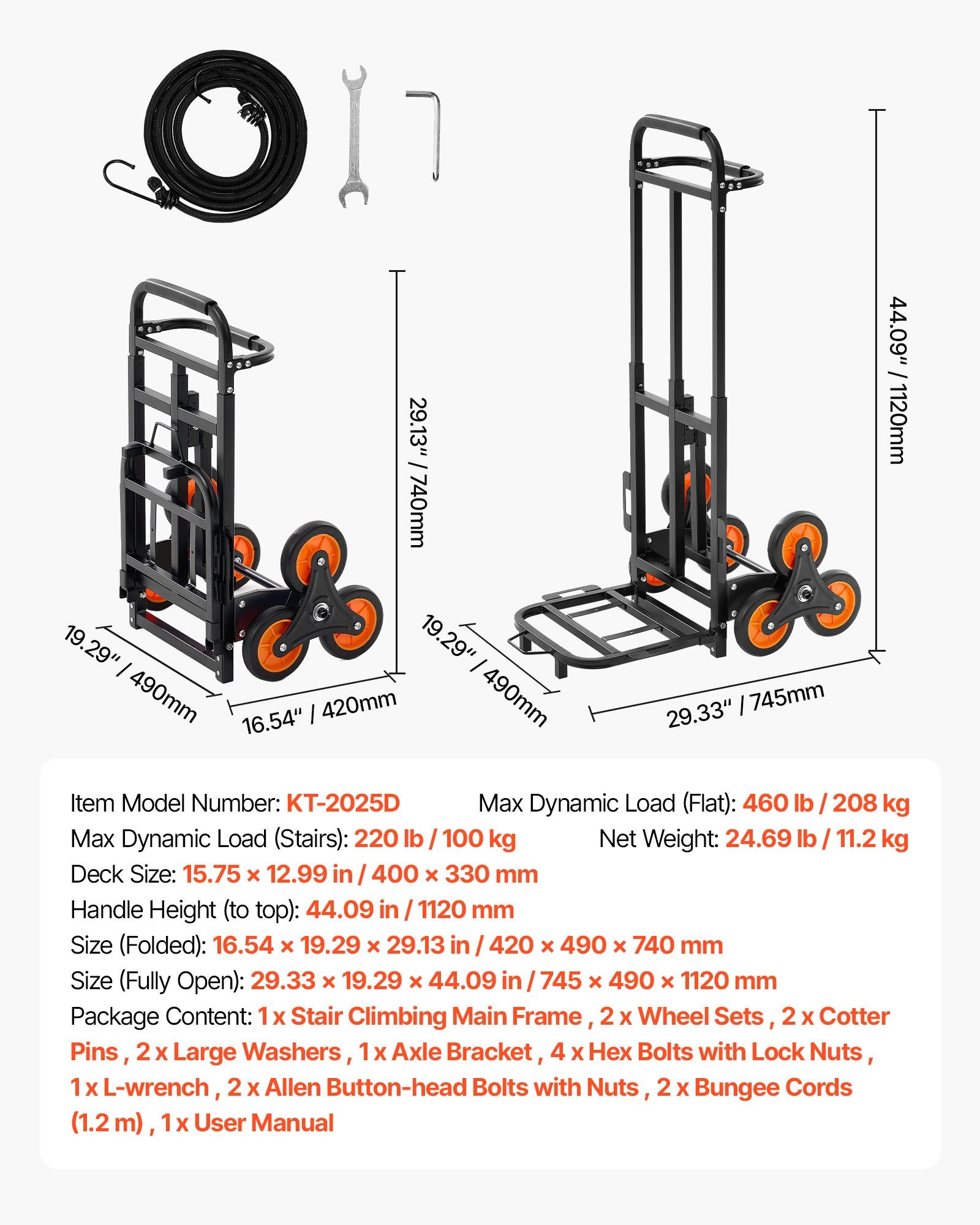 Vežimėlis laiptams VEVOR KT-2025D, 100 kg keliamoji galia
