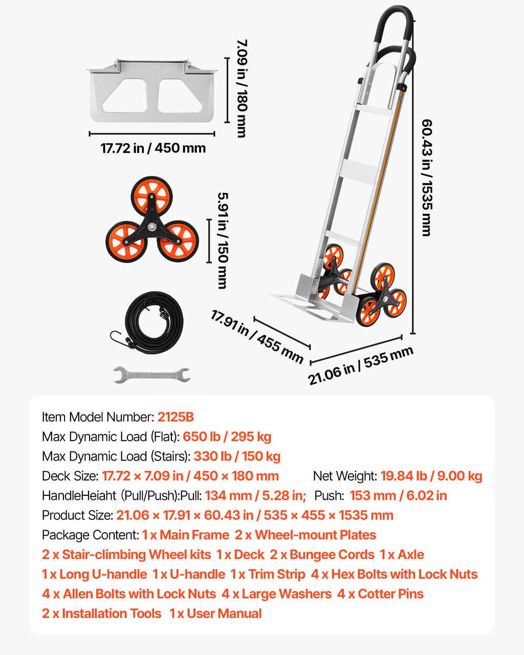 Laiptų vežimėlis VEVOR 2125B, 150 kg keliamoji galia