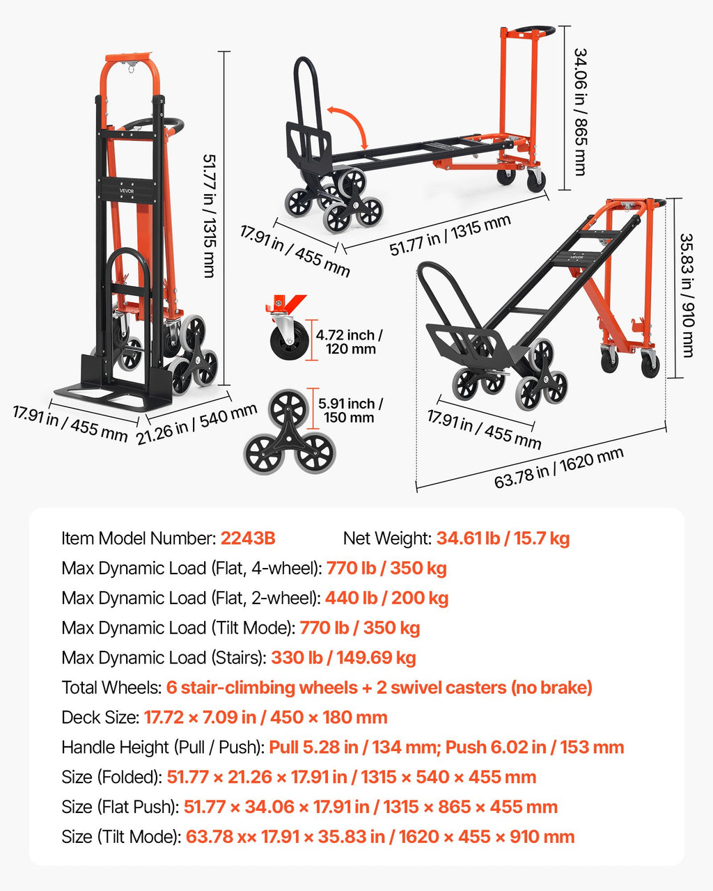 Pramoninis laiptų vežimėlis VEVOR 2243B, 350 kg keliamoji galia