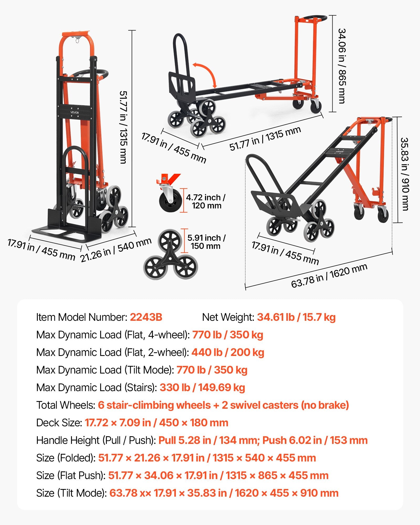Pramoninis laiptų vežimėlis VEVOR 2243B, 350 kg keliamoji galia