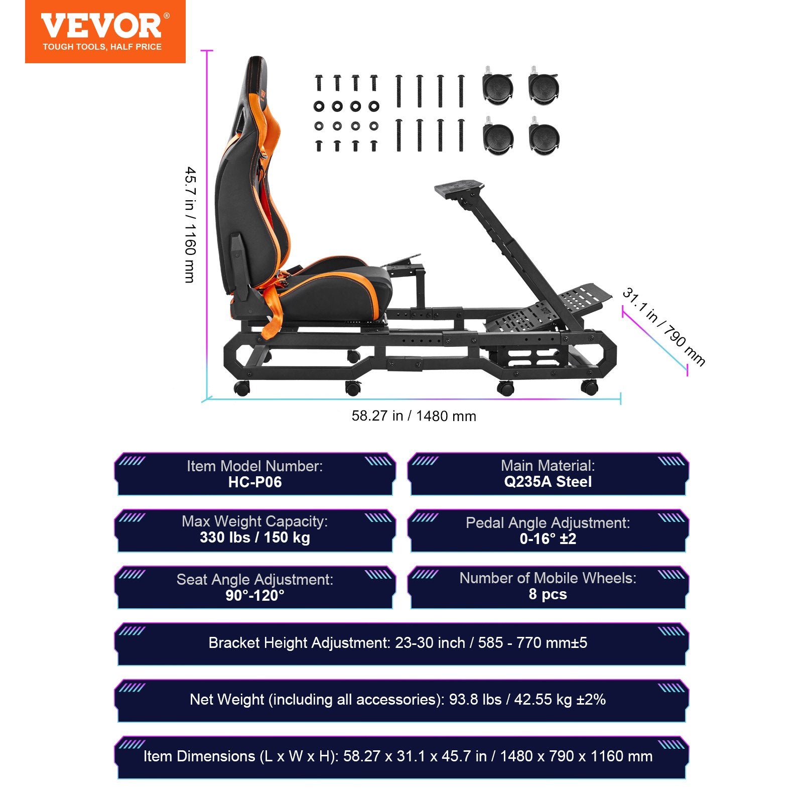 Lenktynių simuliatoriaus stovas VEVOR HC-P06, 150 kg apkrova