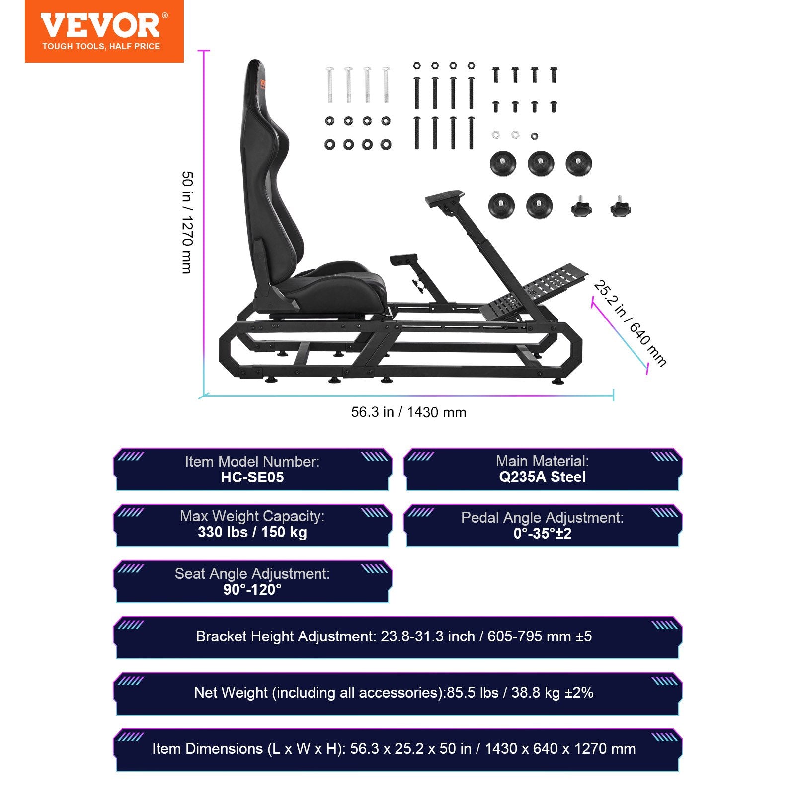Vairavimo simuliatoriaus stovas VEVOR HC-SE05, 150 kg apkrova