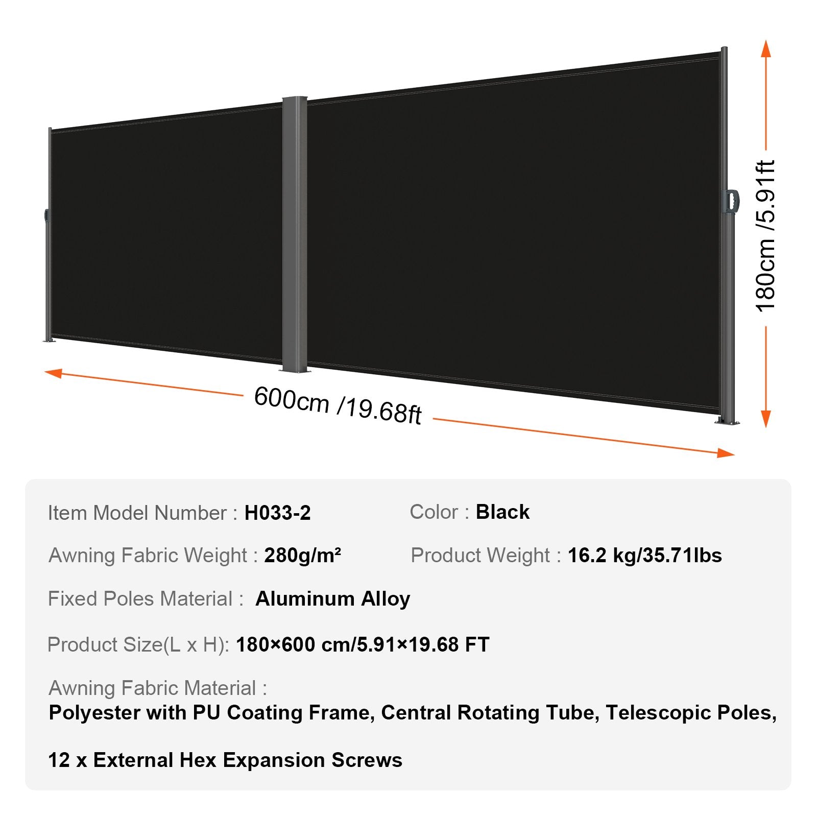 Ištraukiama šoninė markizė VEVOR H033-2, 180x600 cm