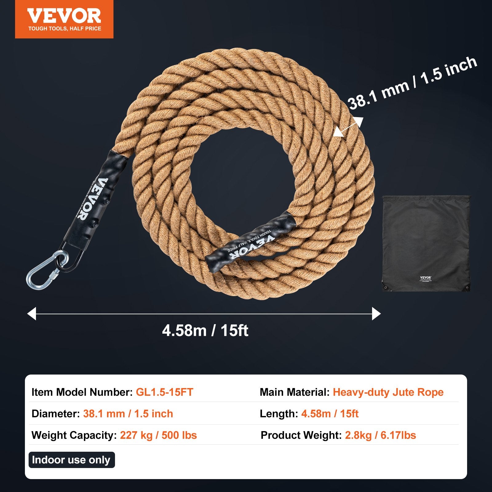 Sportinė lipimo virvė VEVOR GL1.5-15FT, 4,58 m ilgio