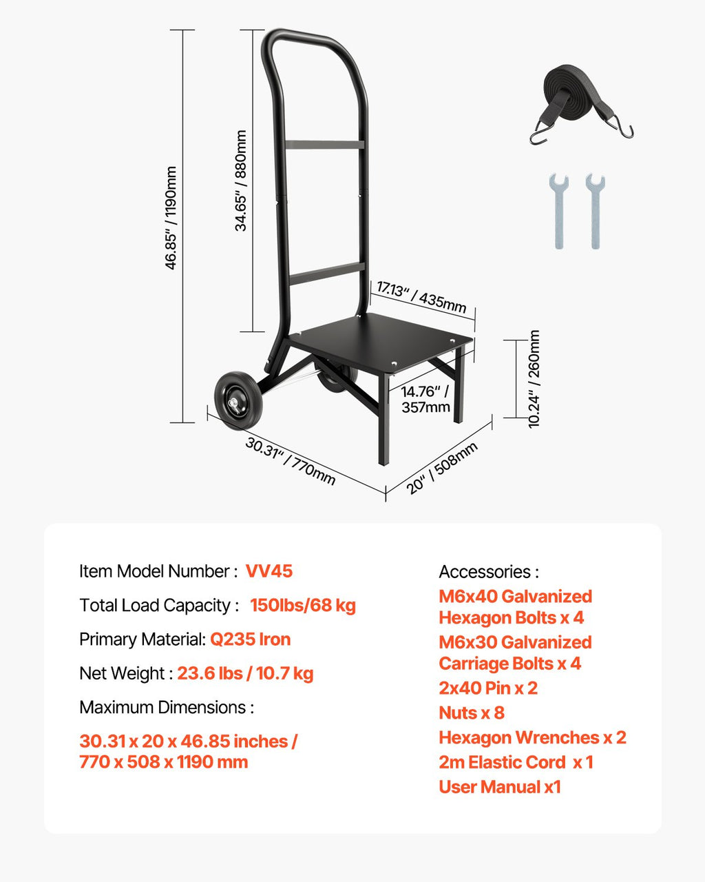 Sulankstomų kėdžių vežimėlis VEVOR VV45, 68 kg keliamoji galia