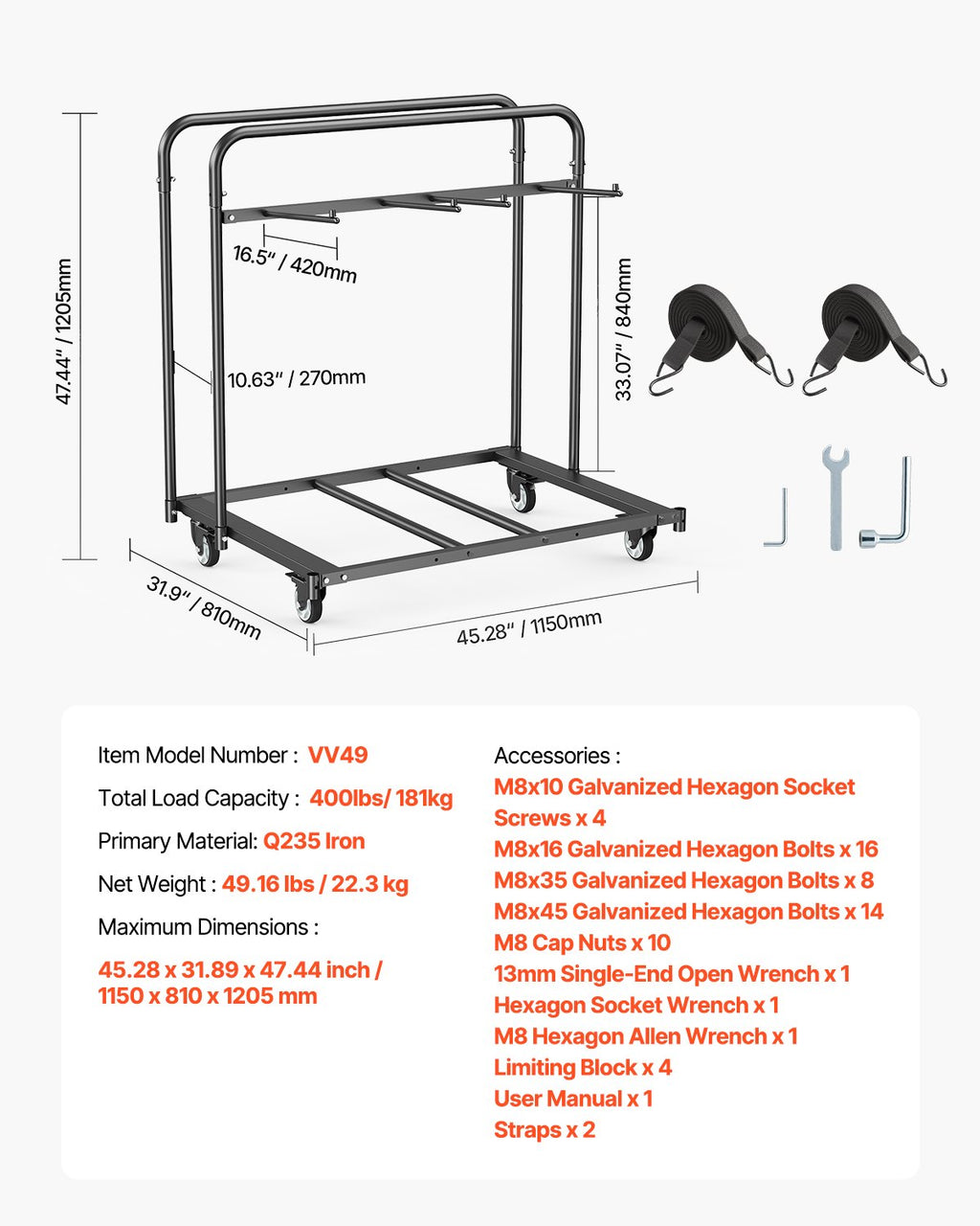 Sulankstomų kėdžių ir stalų vežimėlis VEVOR VV49, 181 kg keliamoji galia