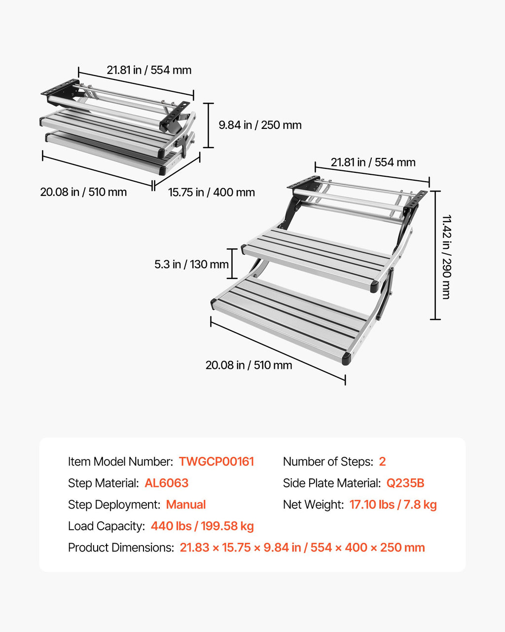 Sulankstomi laipteliai kemperiui VEVOR TWGCP00161, 200 kg apkrova