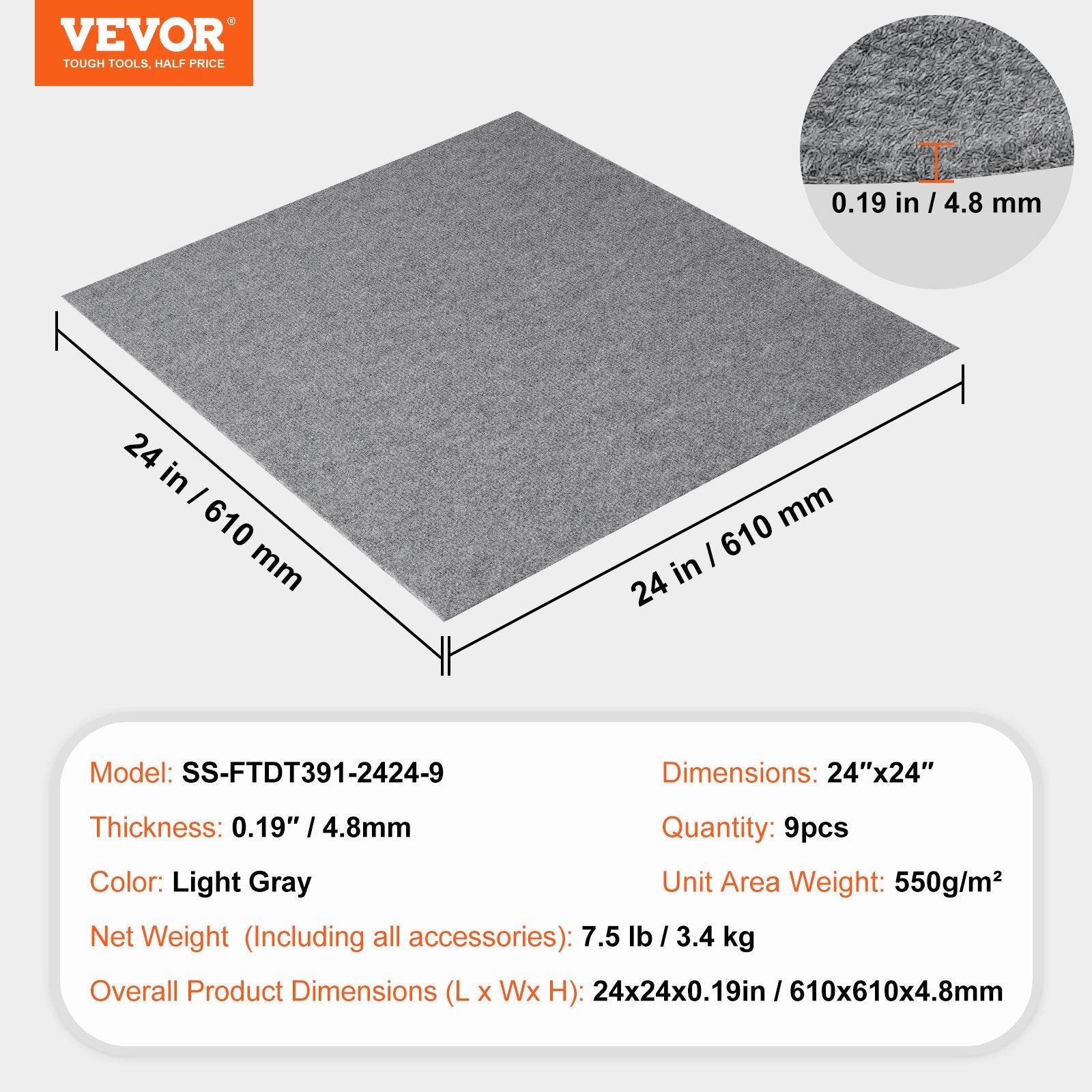 Lipnios kiliminės plytelės VEVOR SS-FTDT391-2424-9, 61x61 cm, 9 vnt.
