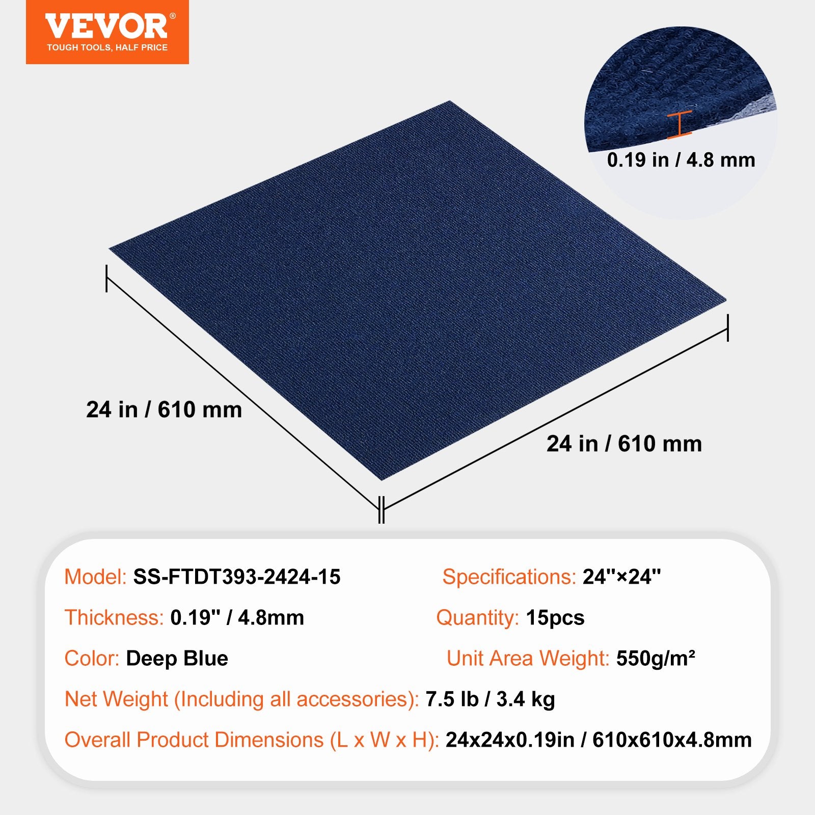 Lipnios kiliminės plytelės VEVOR SS-FTDT393-2424-15, 15 vnt. (61x61 cm)