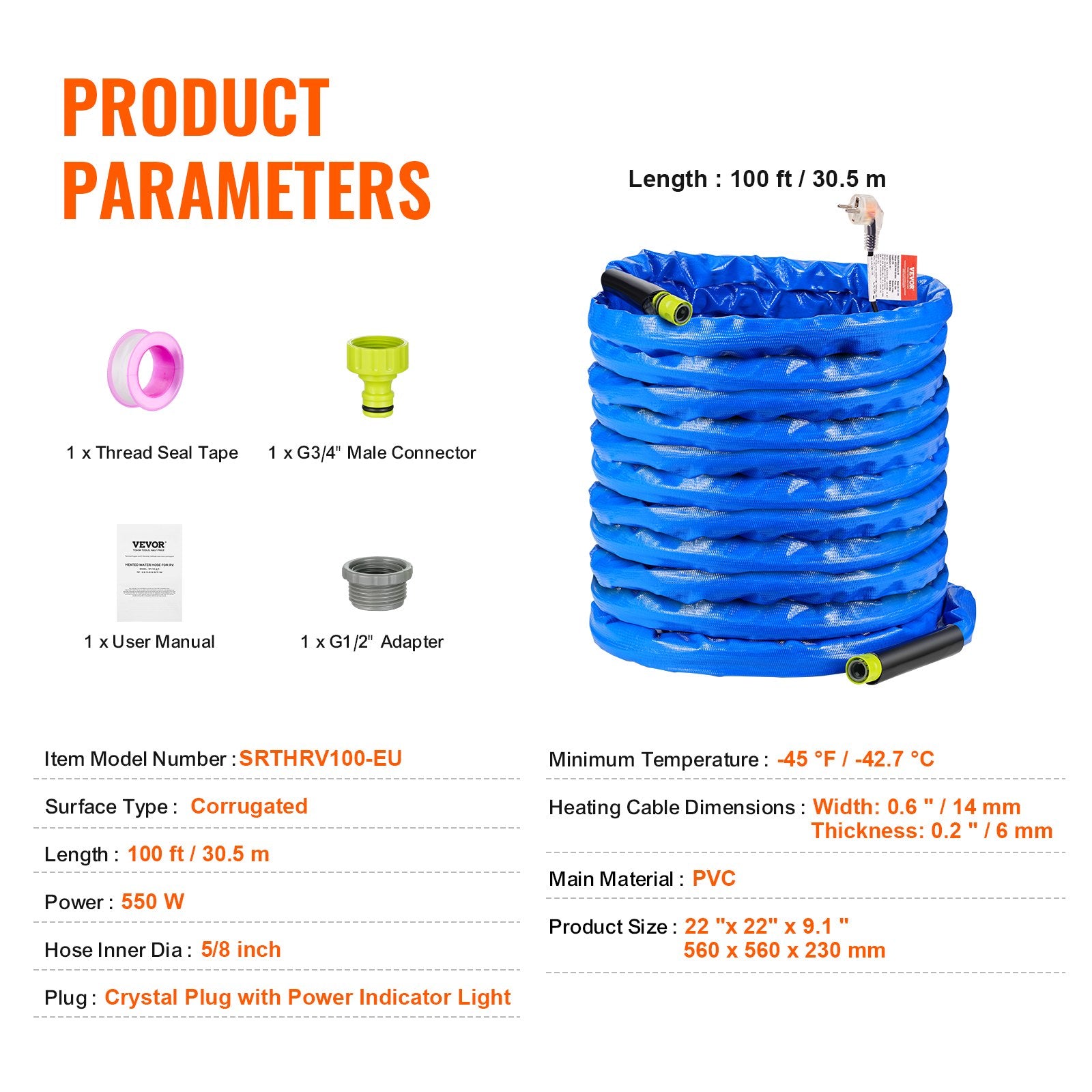 Šildoma vandens žarna VEVOR SRTHRV100-EU, 30,5 m
