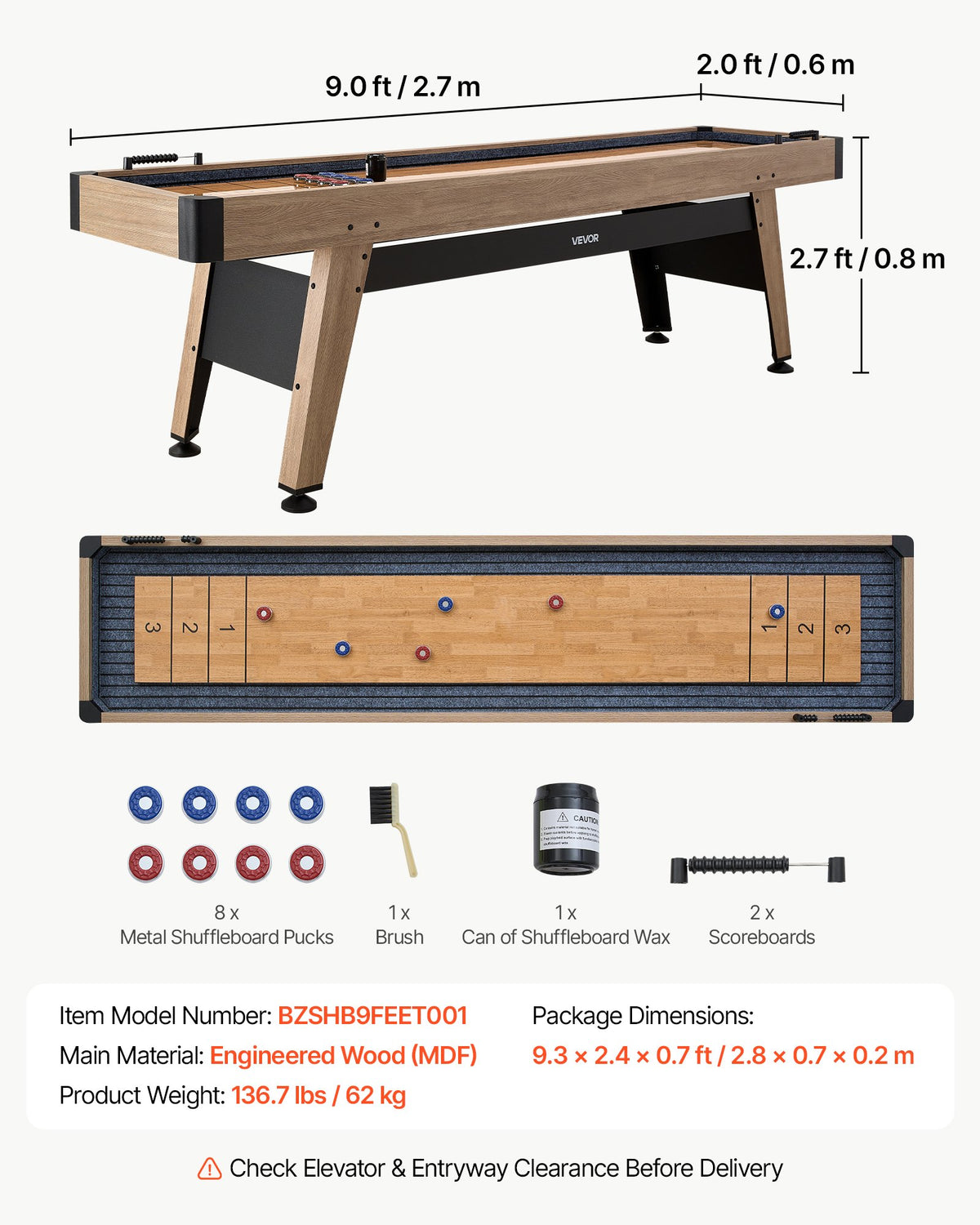 Shuffleboard stalas VEVOR BZSHB12FEET001, 2,7 m ilgio
