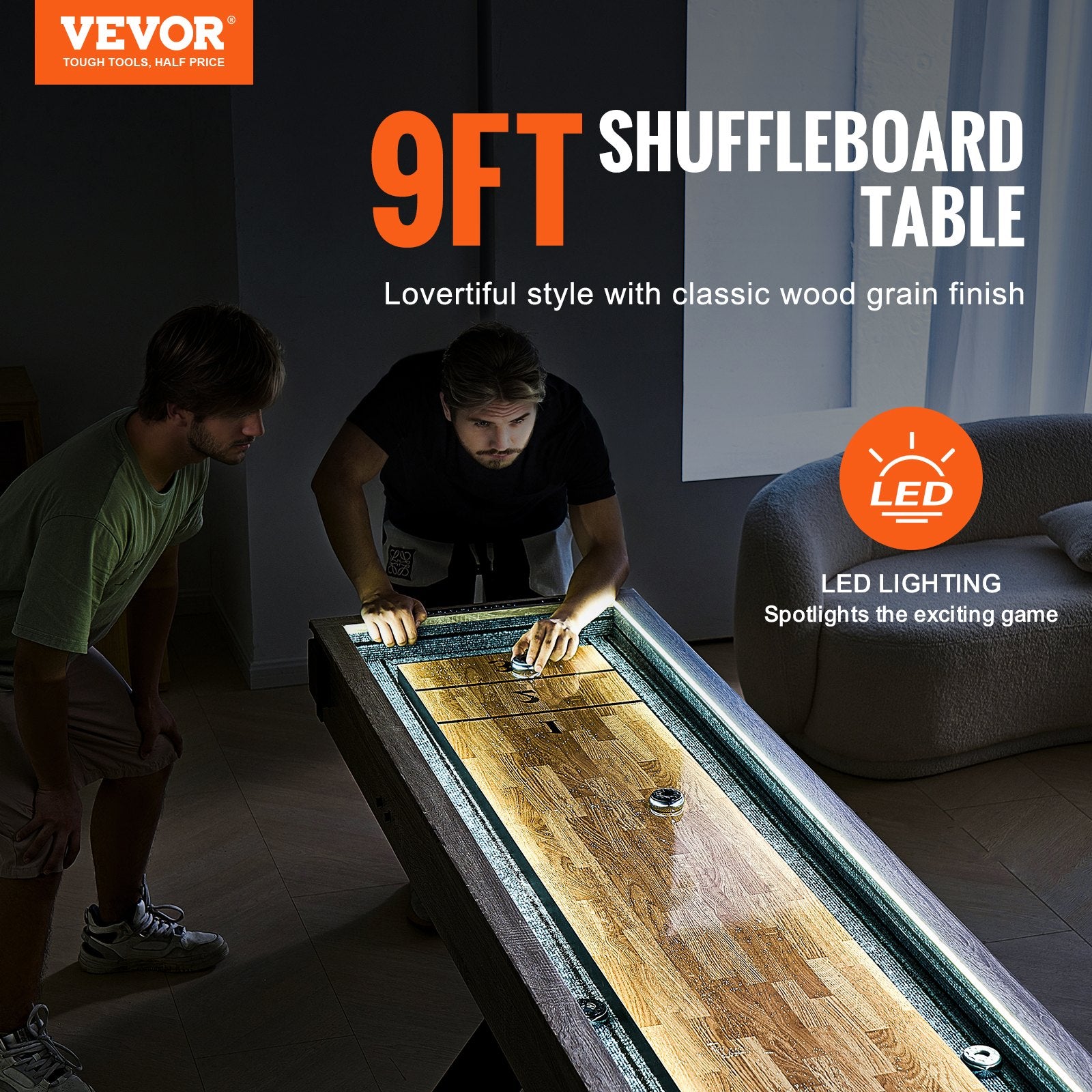 Šaflbordo stalas VEVOR SUS-9F01XL, 9 pėdų su LED apšvietimu