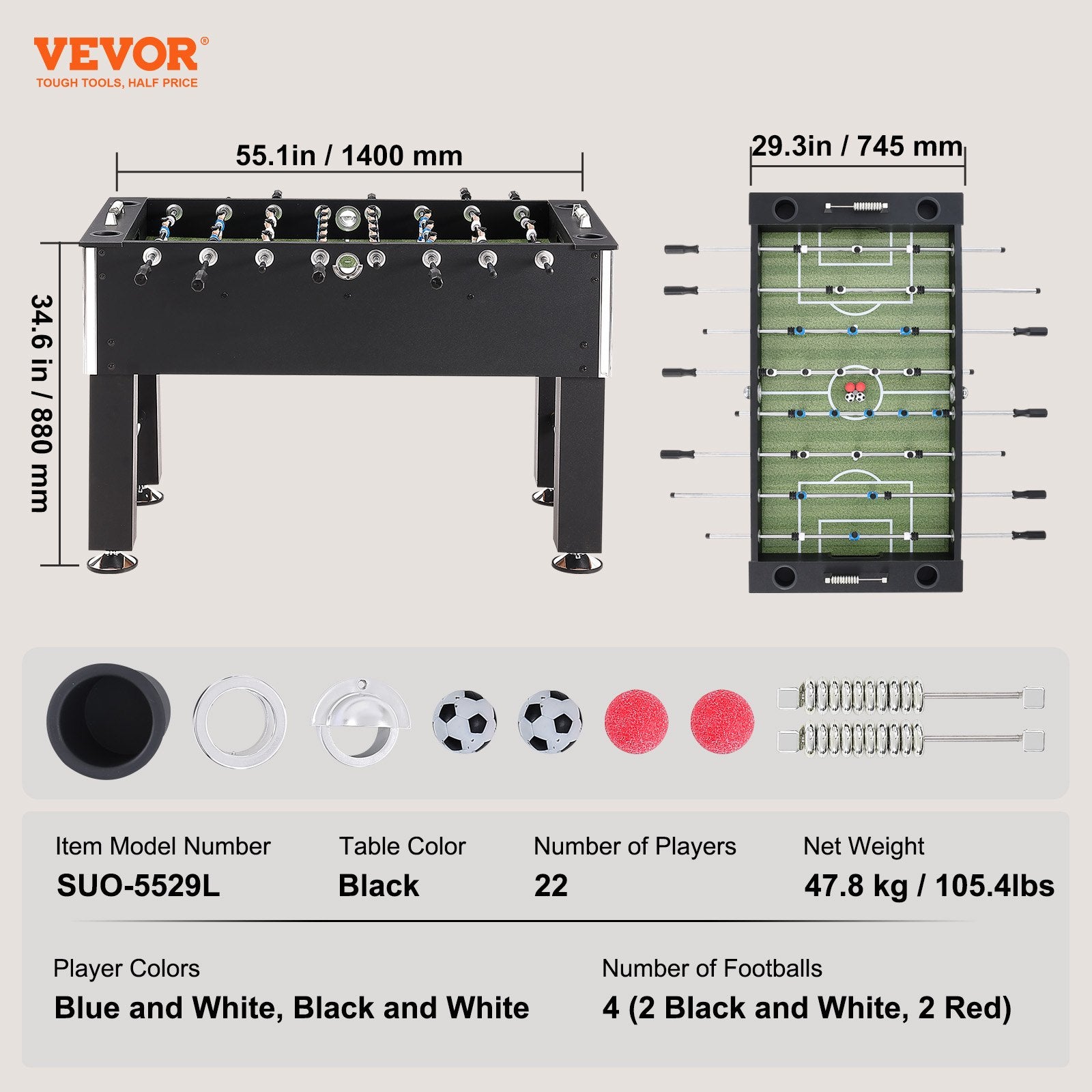 Stalo futbolas VEVOR SUO-5529L, 140 cm