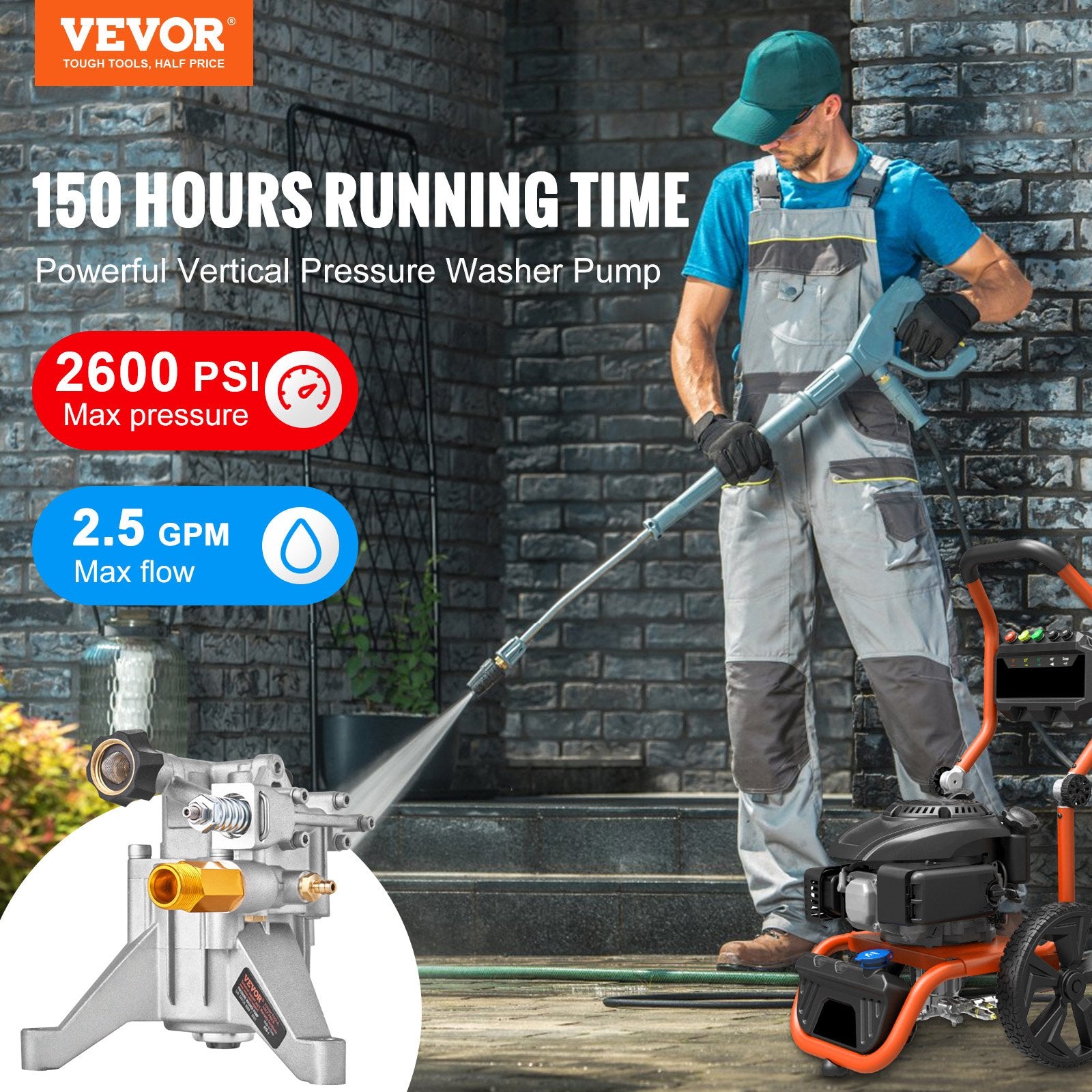 Aukšto slėgio plovimo įrenginio siurblys VEVOR KXD1810G, 2600 PSI