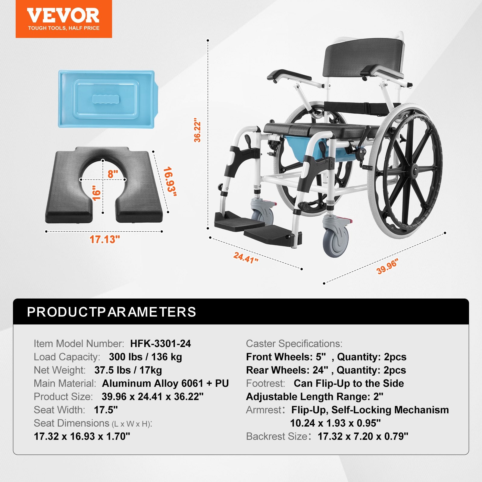 Neįgaliojo vežimėlis-kėdė dušui ir tualetui VEVOR HFK-3301-24, 136 kg apkrova
